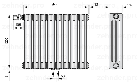 Схема (чертеж) Радиатор Zehnder Charleston 4120/14 №V007 Белый глянцевый RAL 9016